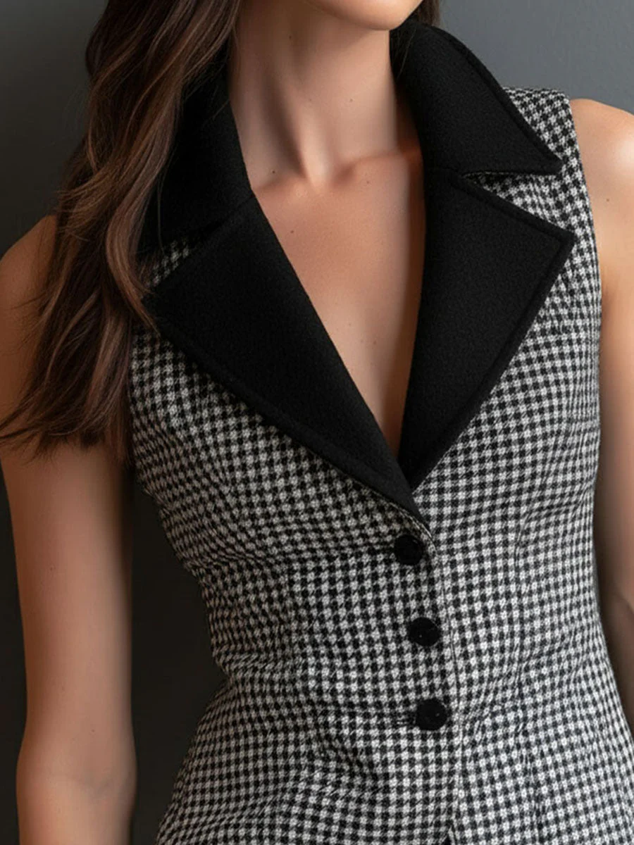 Sharp Contrast Lapel Houndstooth Tailored Vest - Image 3