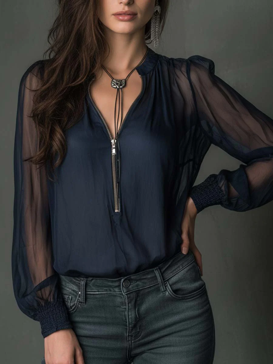 Sheer Chiffon Zip-Front Blouse - Image 2
