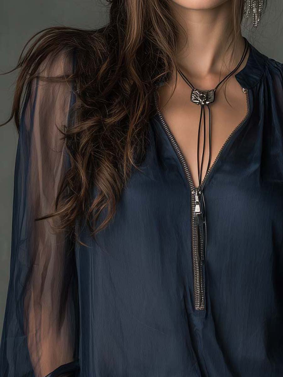 Sheer Chiffon Zip-Front Blouse - Image 4