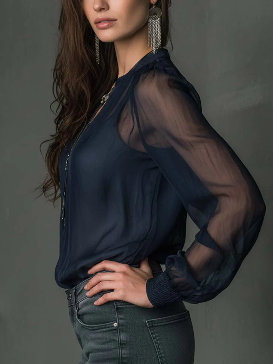 Sheer Chiffon Zip-Front Blouse - Image 7