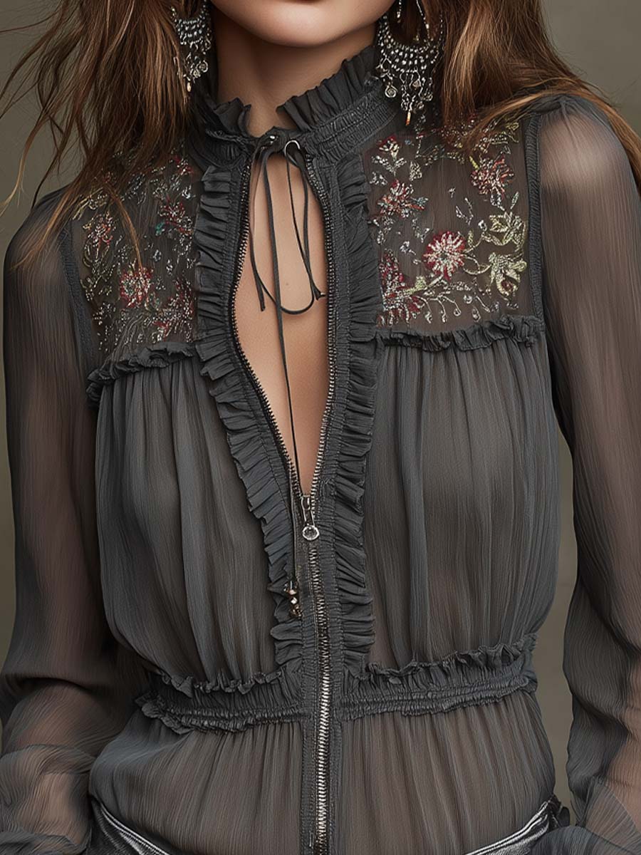 Sheer Embroidered Ruffle Zip-Front Chiffon Blouse - Image 2