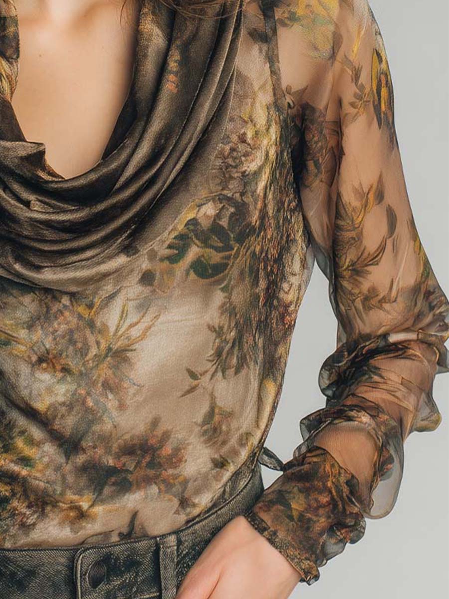 Sheer Floral Mesh Cowl-Neck Blouse With Soft Draping And Ruffled Sleeves - Image 4
