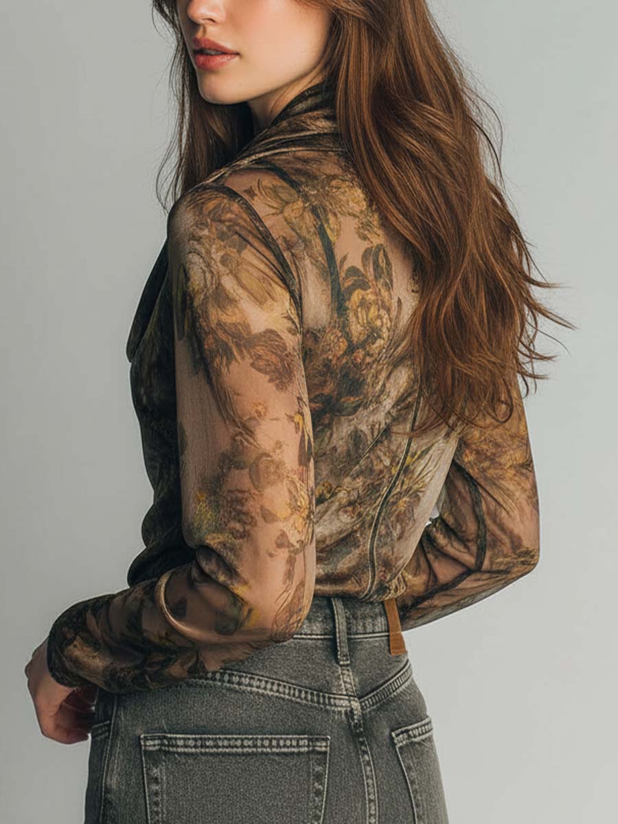 Sheer Floral Mesh Cowl-Neck Blouse With Soft Draping And Ruffled Sleeves - Image 5