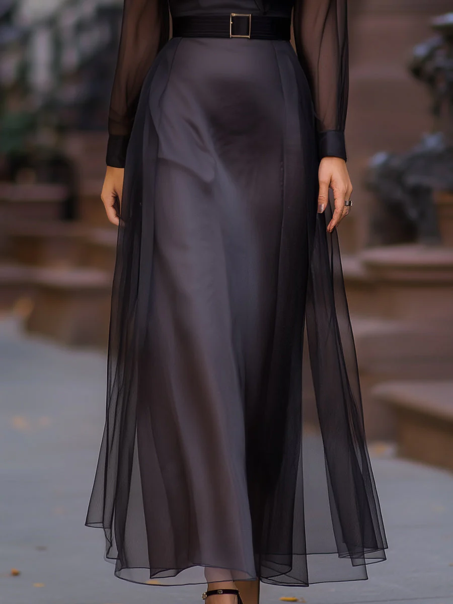 Sheer Mesh Overlay Maxi Shirt Dress - Image 3