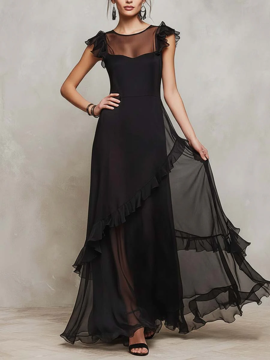 Sheer Ruffle-Trim Asymmetric Maxi Dress - Image 2