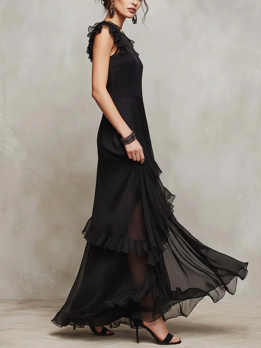Sheer Ruffle-Trim Asymmetric Maxi Dress - Image 4