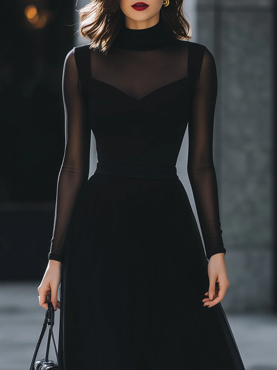 Sheer-Sleeve High-Neck A-Line Midi Dress - Image 3