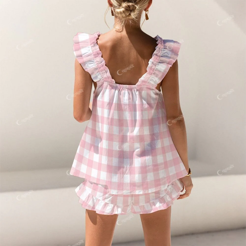 Short Lazy Pink Plaid Tank Top Shorts Pajama Set - Image 2