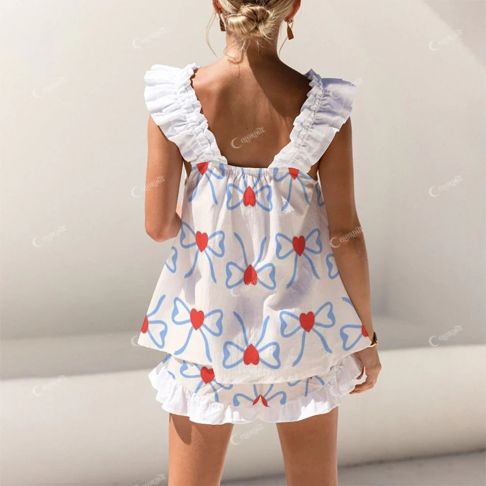 Short Tank Top Shorts Blue Bow Heart Printed Pajama Set - Image 2