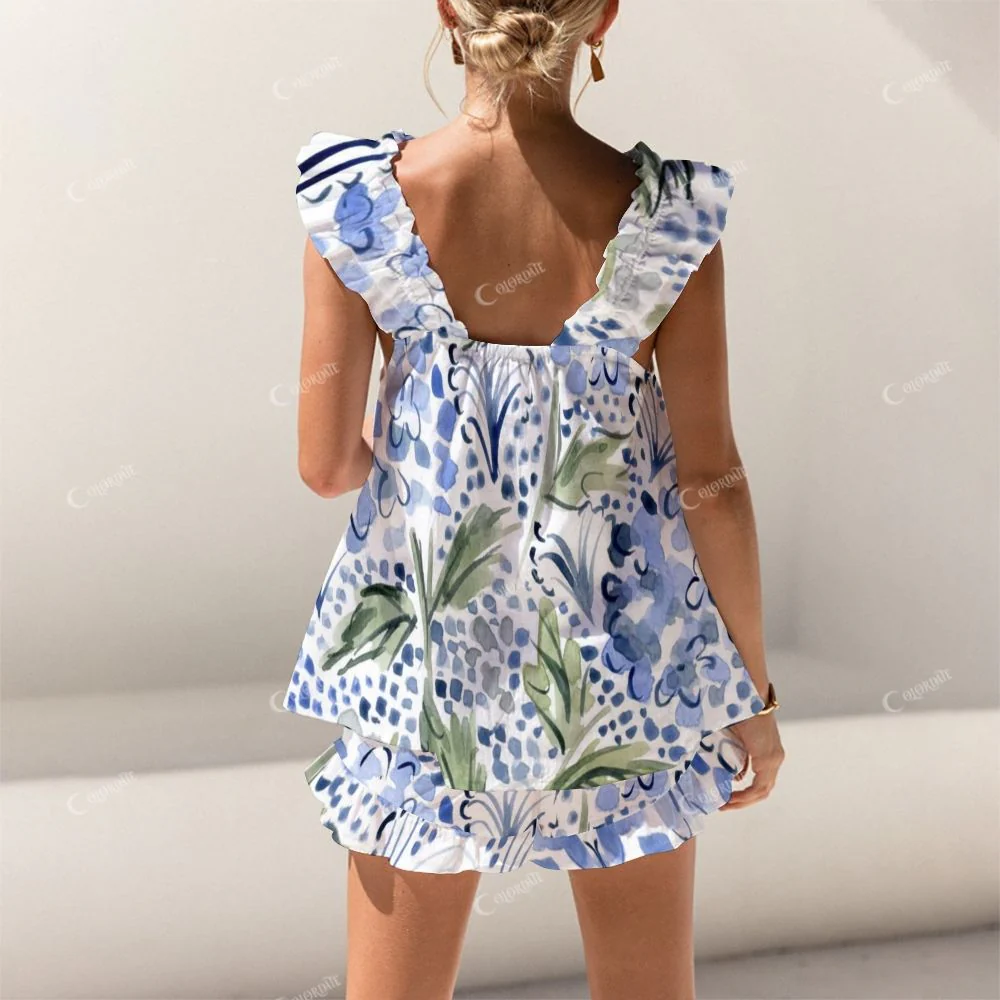 Short Tank Top Shorts Blue Flower Ink Art Pajama Set - Image 2