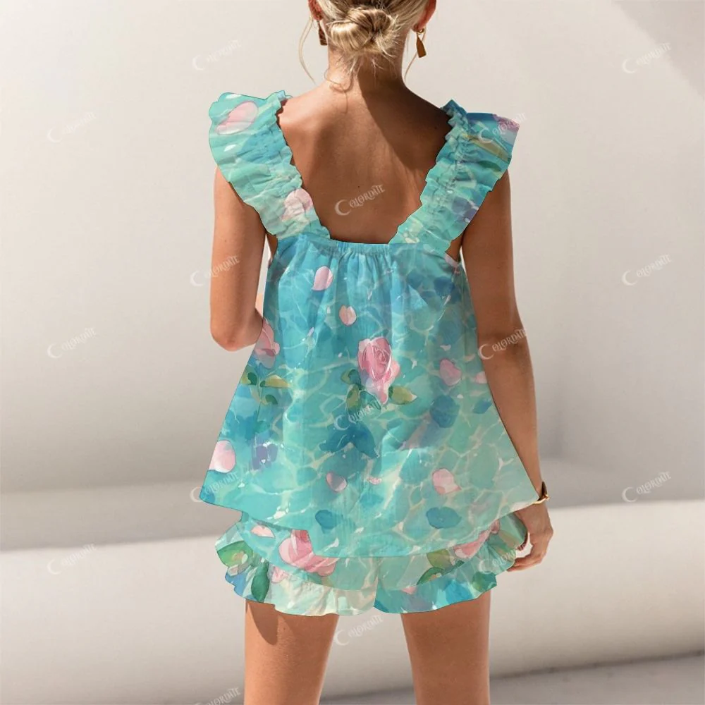 Short Tank Top Shorts Blue Ocean Flower Art Pajama Set - Image 2