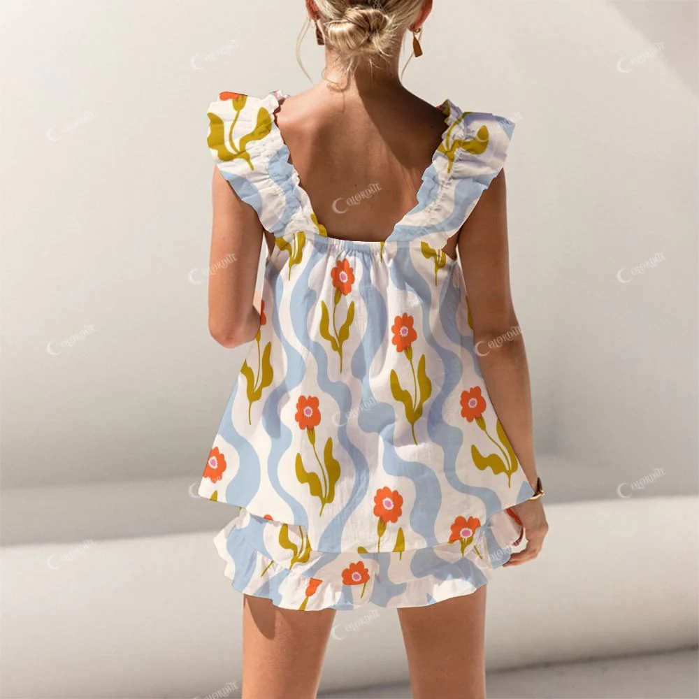 Short Tank Top Shorts Colorblock Flower Pajama Set - Image 2