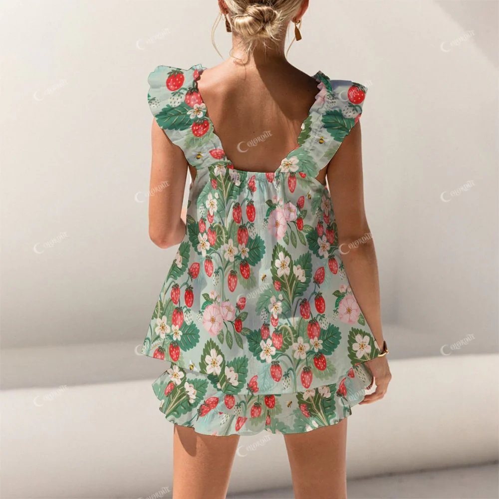 Short Tank Top Shorts Green Flower Strawberry Pajama Set - Image 2