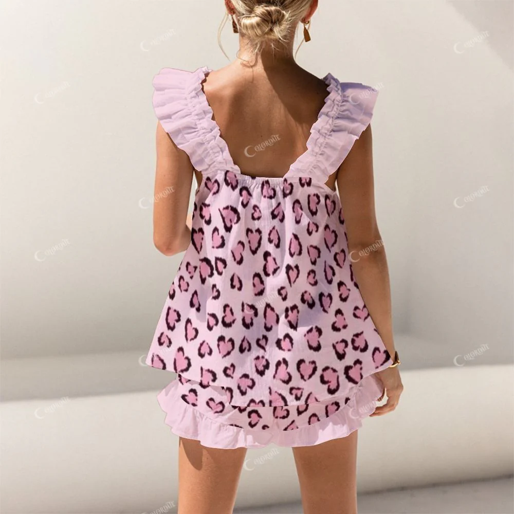 Short Tank Top Shorts Pink Heart Leopard Pajama Set - Image 2