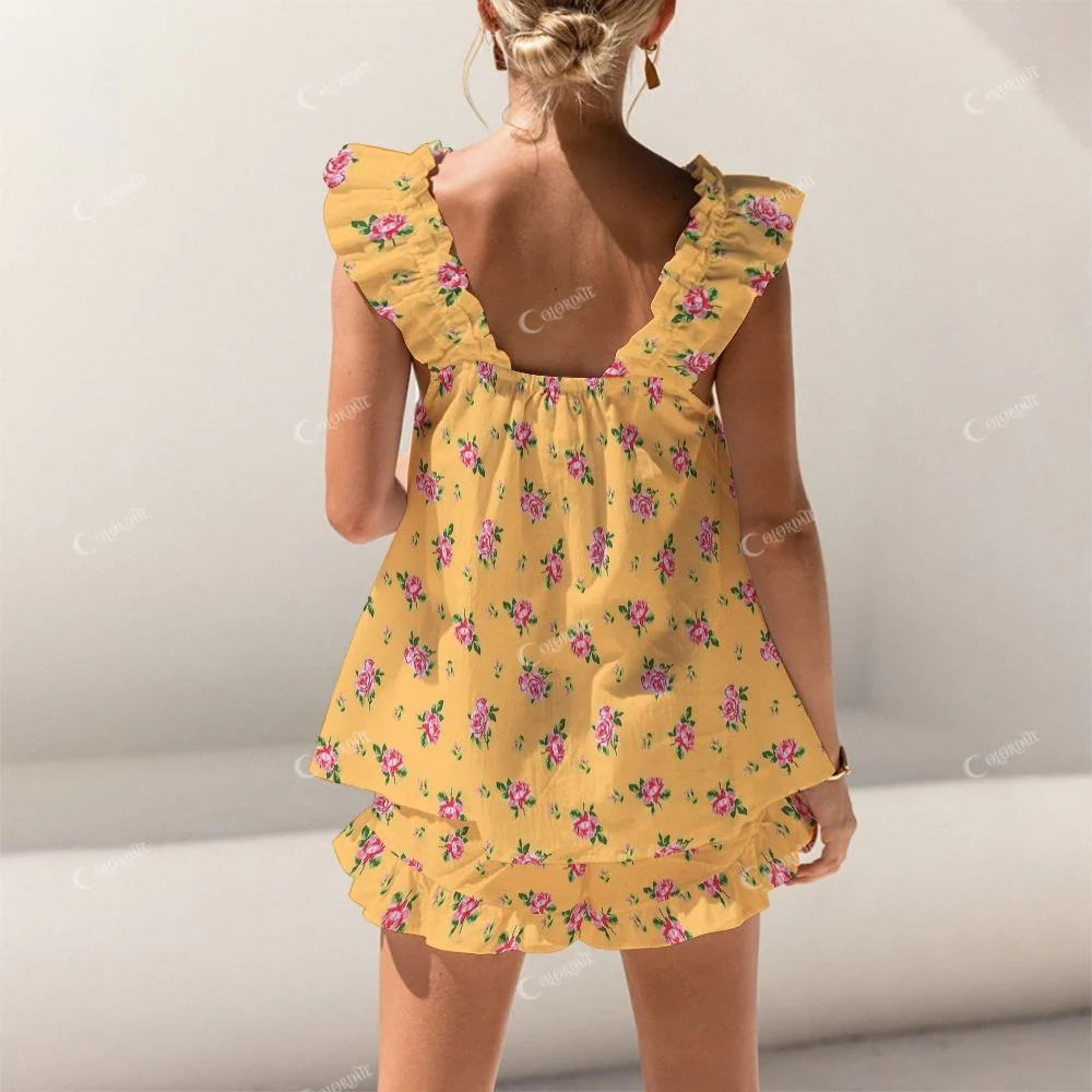 Short Tank Top Shorts Yellow Flower Pajama Set - Image 2