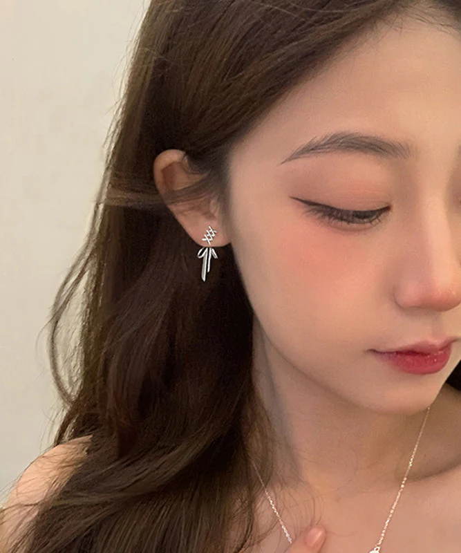 Simple Silk Sterling Silver Bow Stud Earrings - Image 3