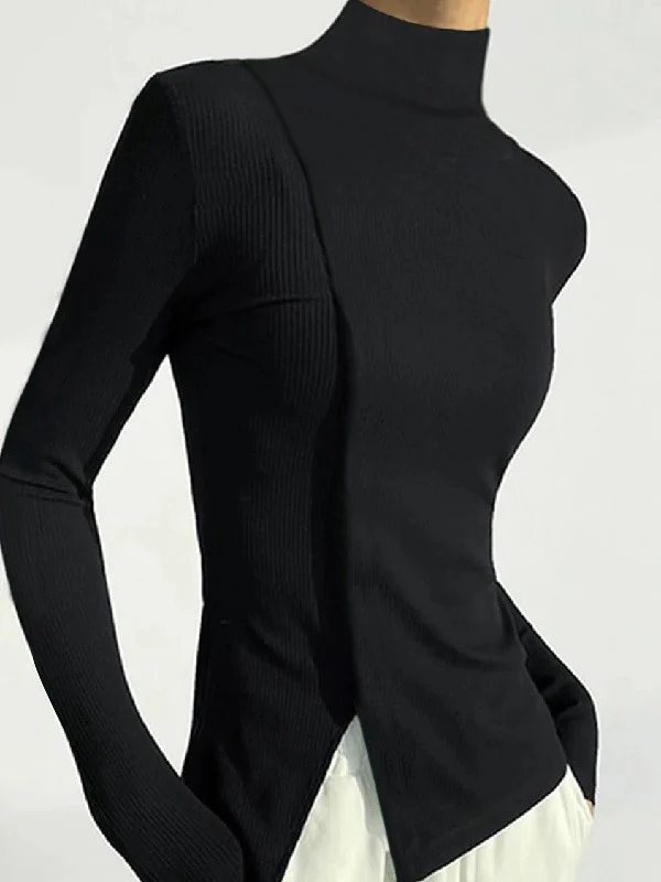 Skinny Solid Color Split-Joint High Neck T-shirts