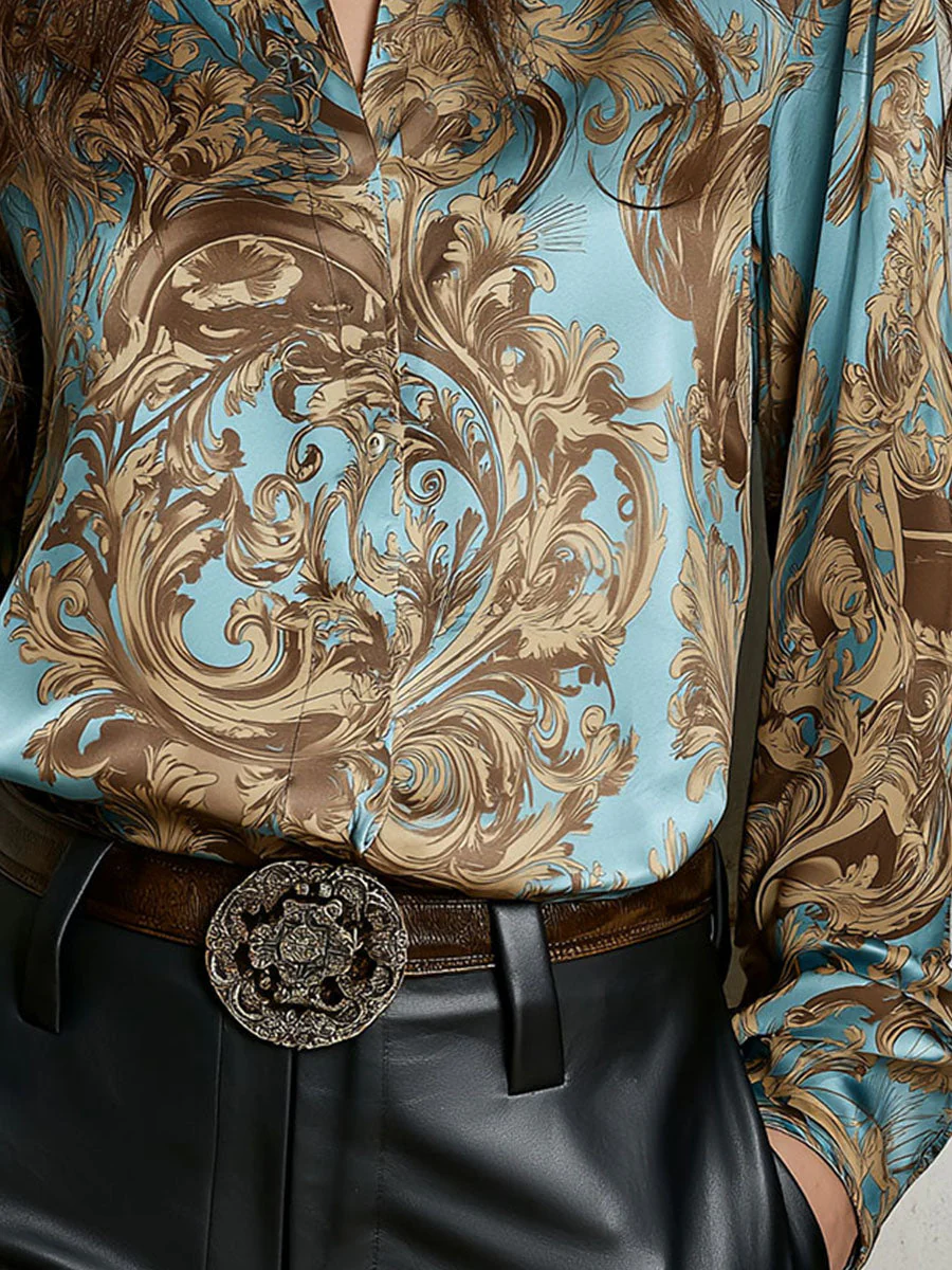 Sky Blue & Gold Luxurious Baroque Scroll Print Shirt - Image 3