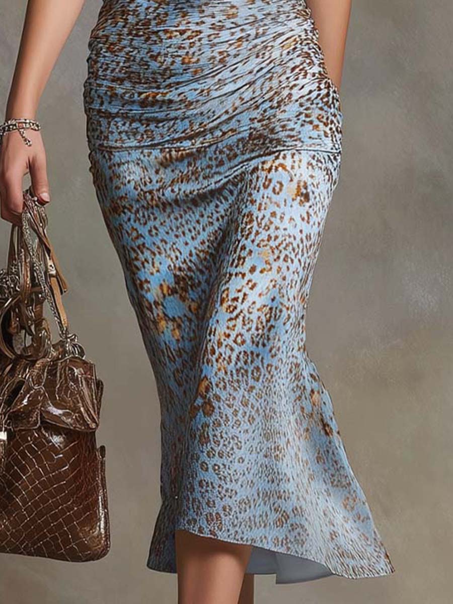 Sky Blue Leopard-Print Stretch Satin Halter Midi Dress - Image 4