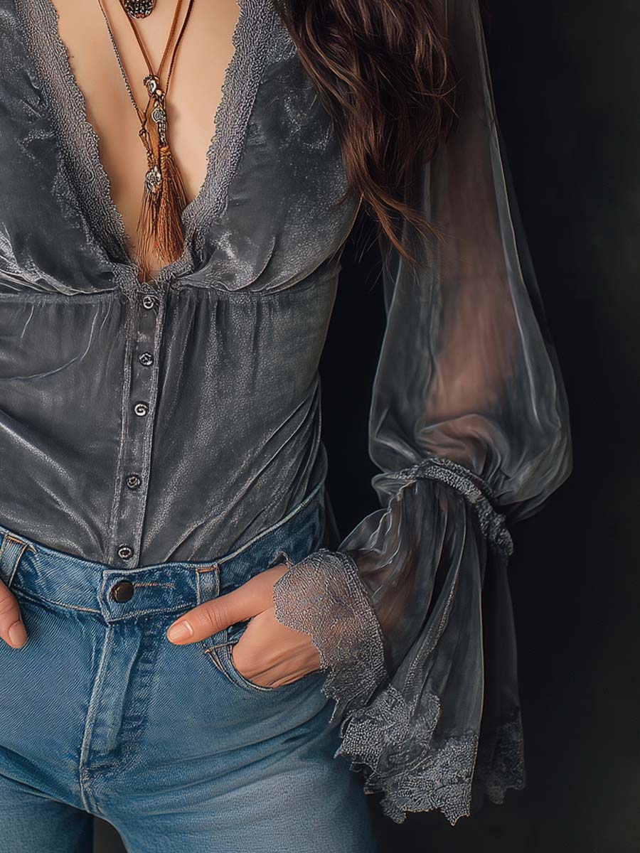 Slate Velvet Plunge Lace Sheer-Sleeve Top - Image 4