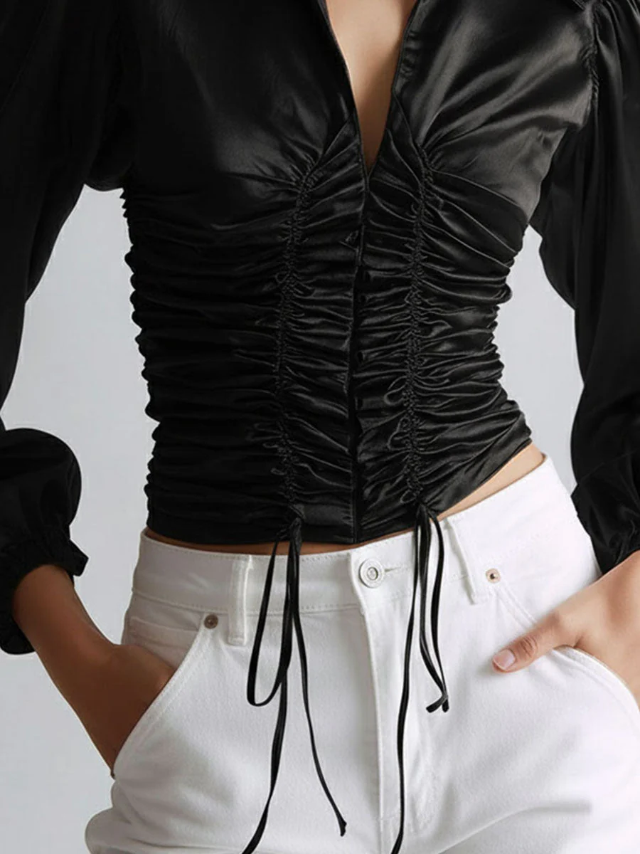 Sleek Black Satin Ruched Drawstring Blouse - Image 3