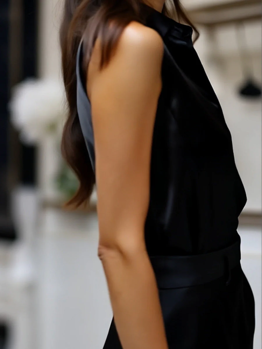 Sleek Black Satin Sleeveless Blouse - Image 4
