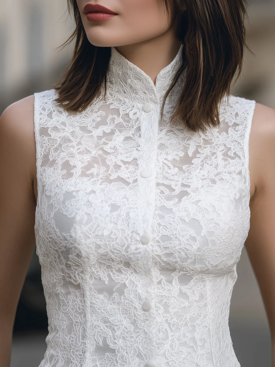 Sleeveless Lace Mandarin Collar Button-Front Top - Image 2