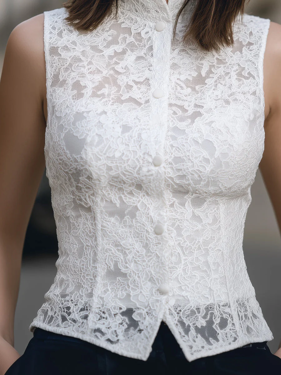 Sleeveless Lace Mandarin Collar Button-Front Top - Image 3