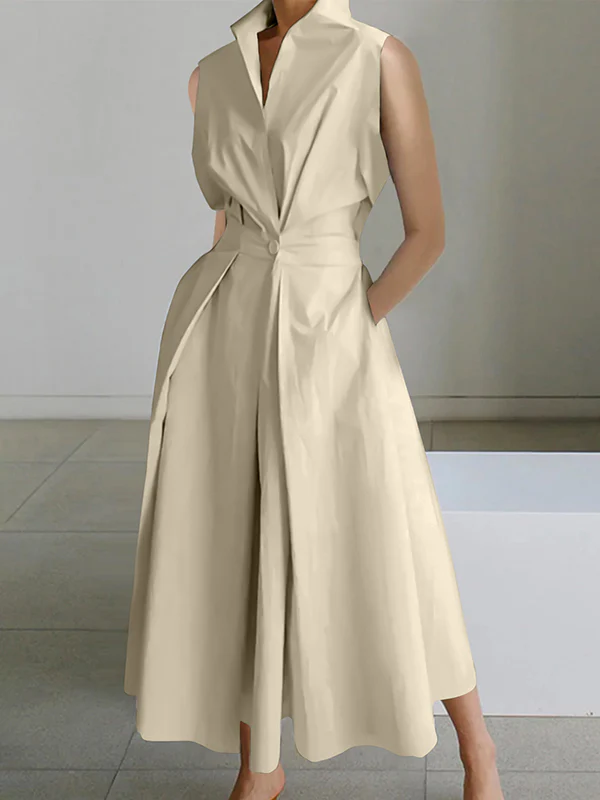 Sleeveless Solid Color Lapel Midi Dresses - Image 3