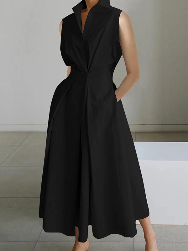 Sleeveless Solid Color Lapel Midi Dresses - Image 4