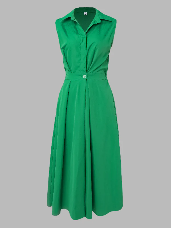 Sleeveless Solid Color Lapel Midi Dresses - Image 5