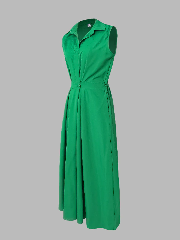 Sleeveless Solid Color Lapel Midi Dresses - Image 6