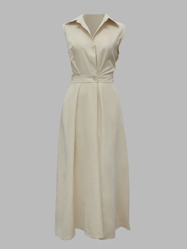 Sleeveless Solid Color Lapel Midi Dresses - Image 8