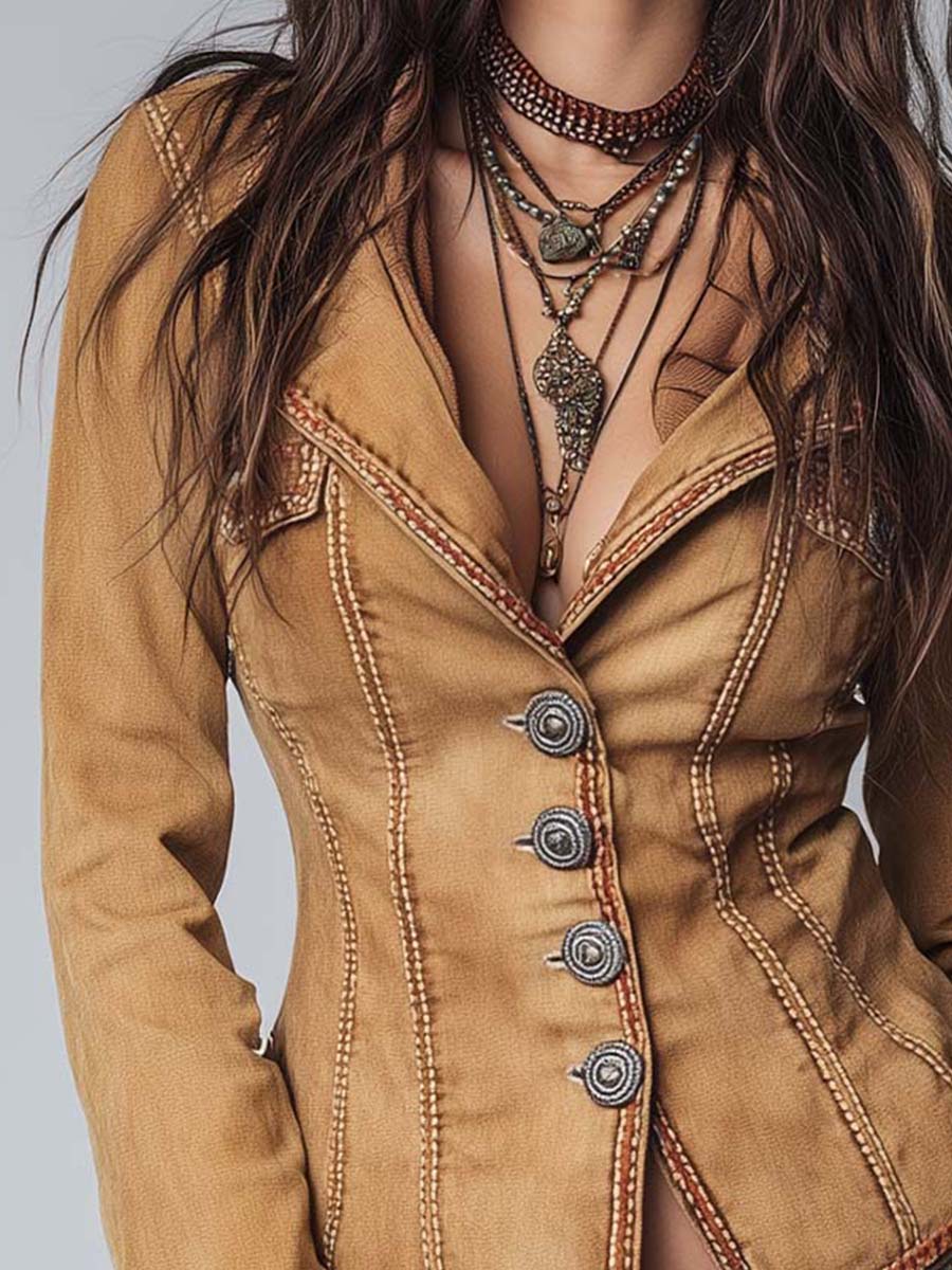Slim-fit Vintage-style Washed Khaki Denim Jacket - Image 2