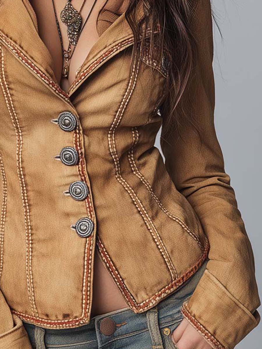 Slim-fit Vintage-style Washed Khaki Denim Jacket - Image 3