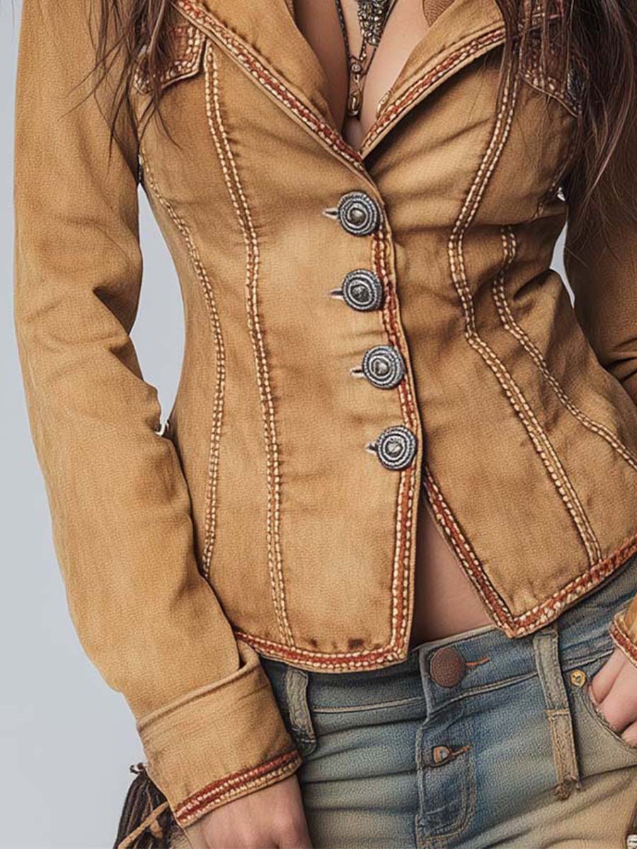 Slim-fit Vintage-style Washed Khaki Denim Jacket - Image 4
