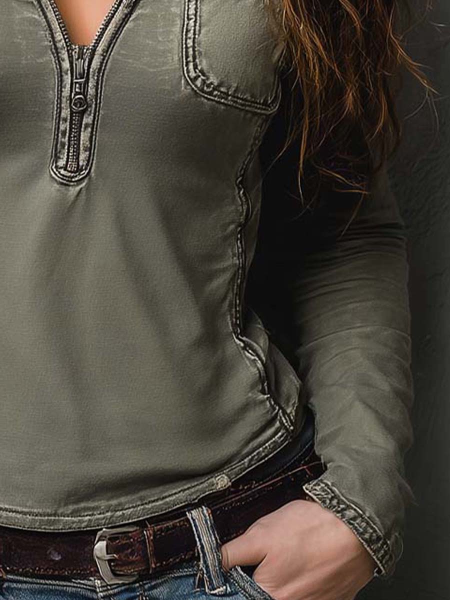 Slim Fit Western Utility Washed Green Zip-Up Top - Image 5