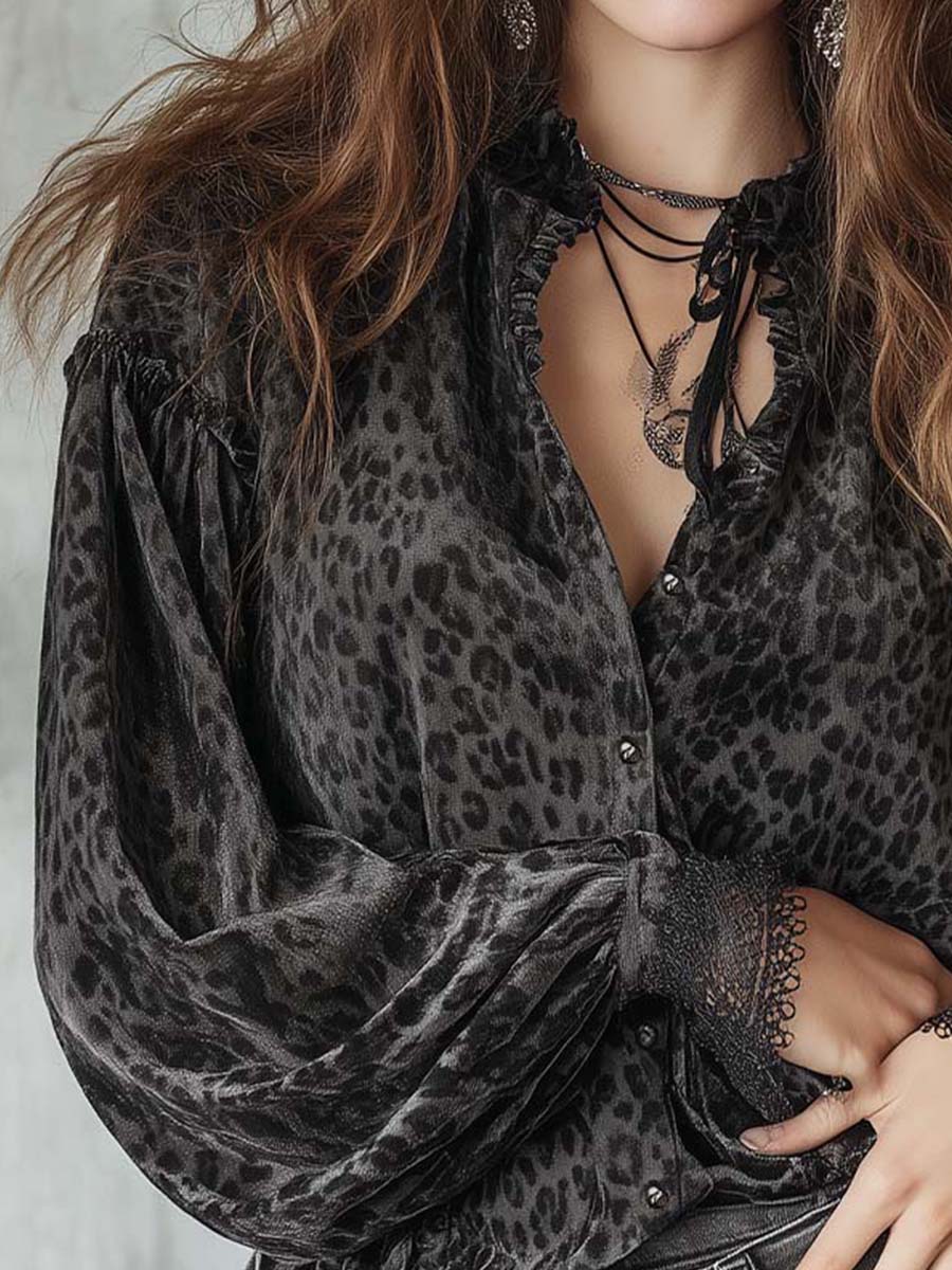 Smoky Gray Bohemian Romantic Velvet Leopard Print Shirt - Image 2