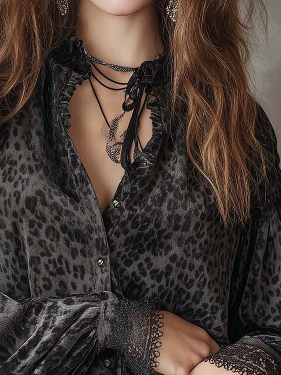 Smoky Gray Bohemian Romantic Velvet Leopard Print Shirt - Image 4