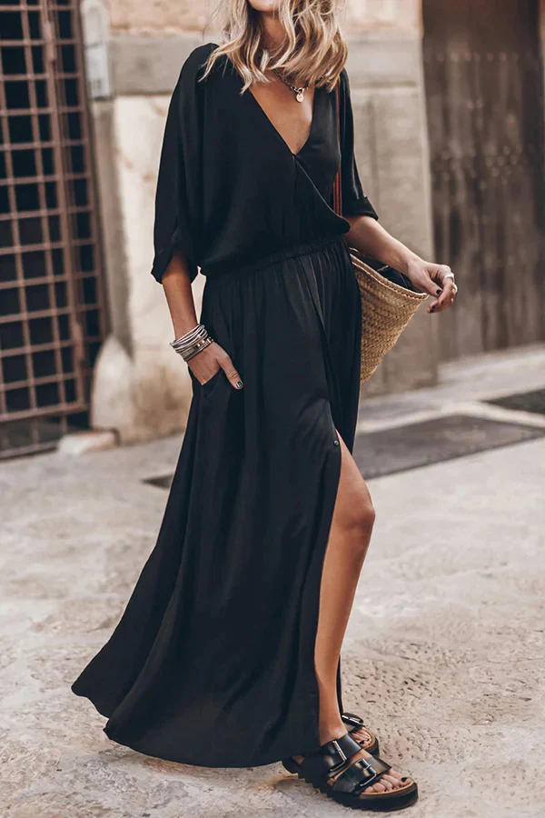 Soft and Elegant Kimono Sleeve Stretchy Waist Pocketed Slit Maxi Dress - Image 2