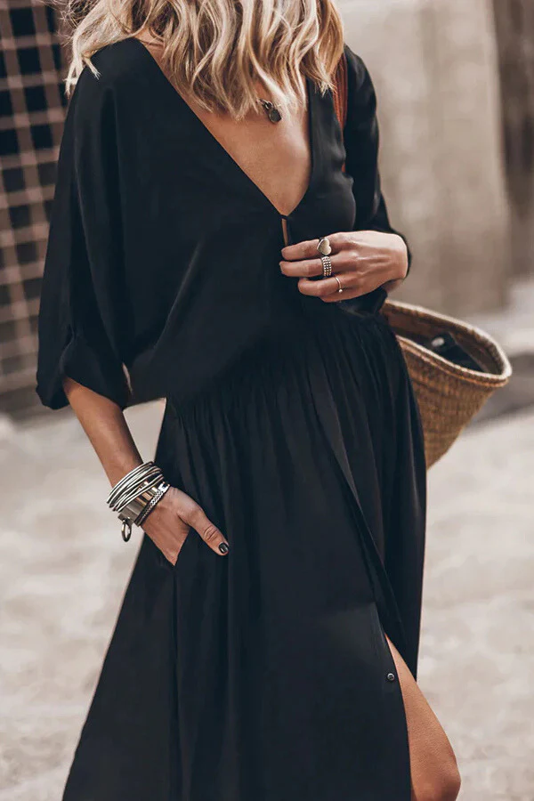 Soft and Elegant Kimono Sleeve Stretchy Waist Pocketed Slit Maxi Dress - Image 3