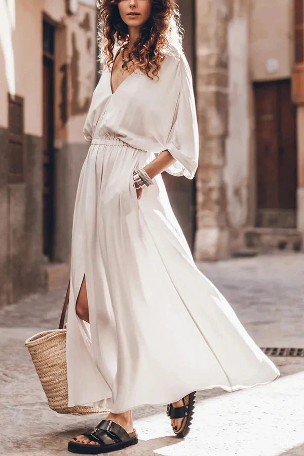 Soft and Elegant Kimono Sleeve Stretchy Waist Pocketed Slit Maxi Dress - Image 7