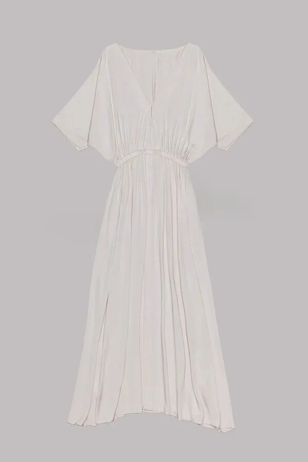 Soft and Elegant Kimono Sleeve Stretchy Waist Pocketed Slit Maxi Dress - Image 9