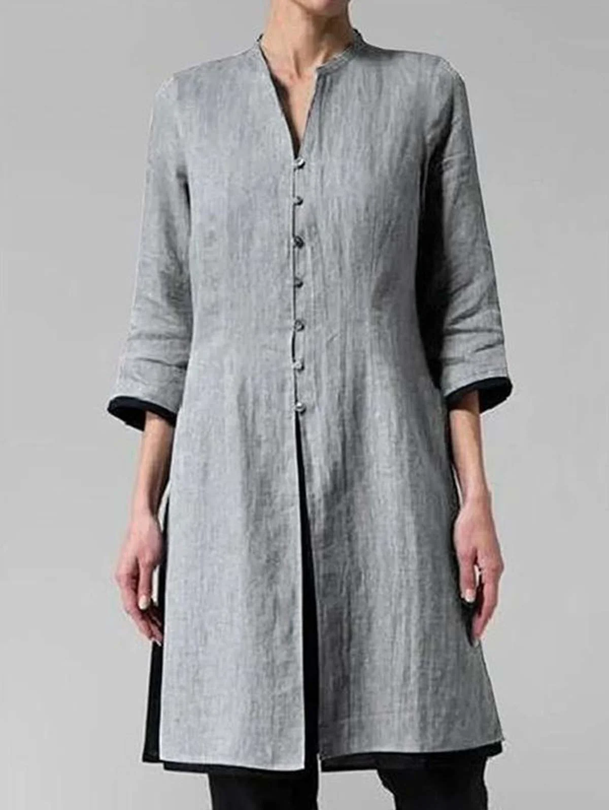 Solid Color Irregular Cotton and Linen Long Shirt - Image 3