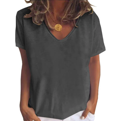 Solid color V-neck short-sleeved plus size women's T-shirt - Image 2