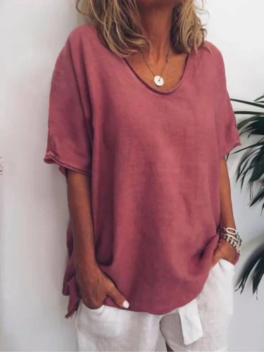 Solid color V-neck short-sleeved plus size women's T-shirt - Image 4
