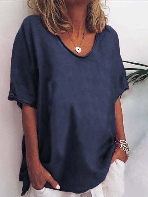 Solid color V-neck short-sleeved plus size women's T-shirt - Image 8