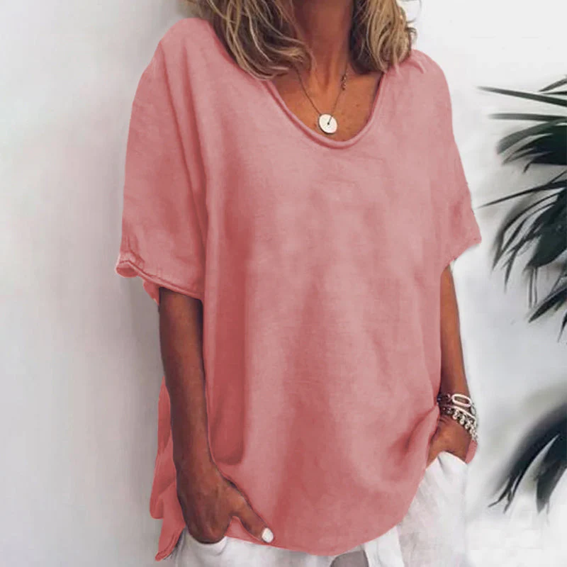 Solid color V-neck short-sleeved plus size women's T-shirt - Image 9