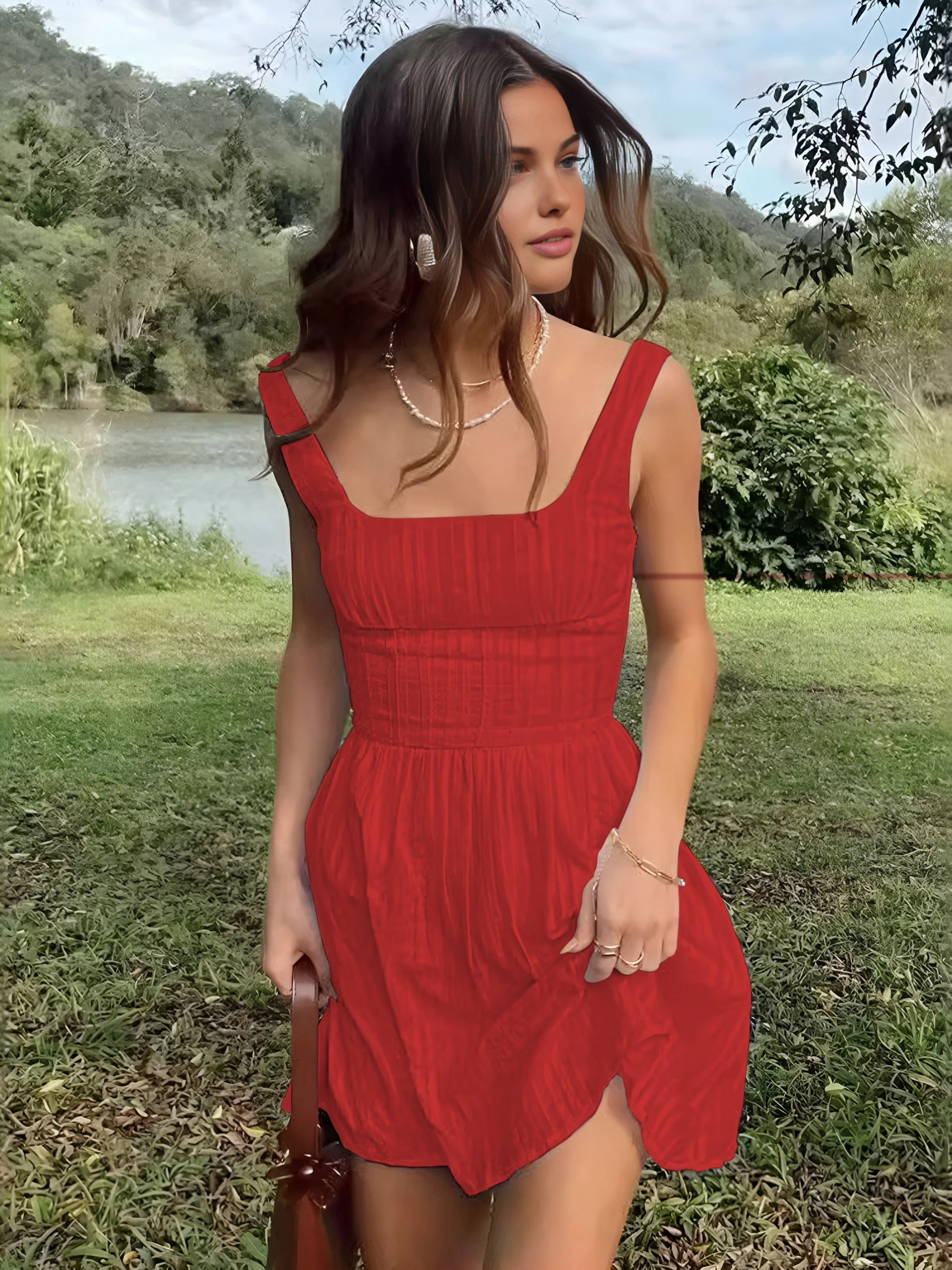 Cotton Blend Solid Square Neckline Short Dress - Image 11