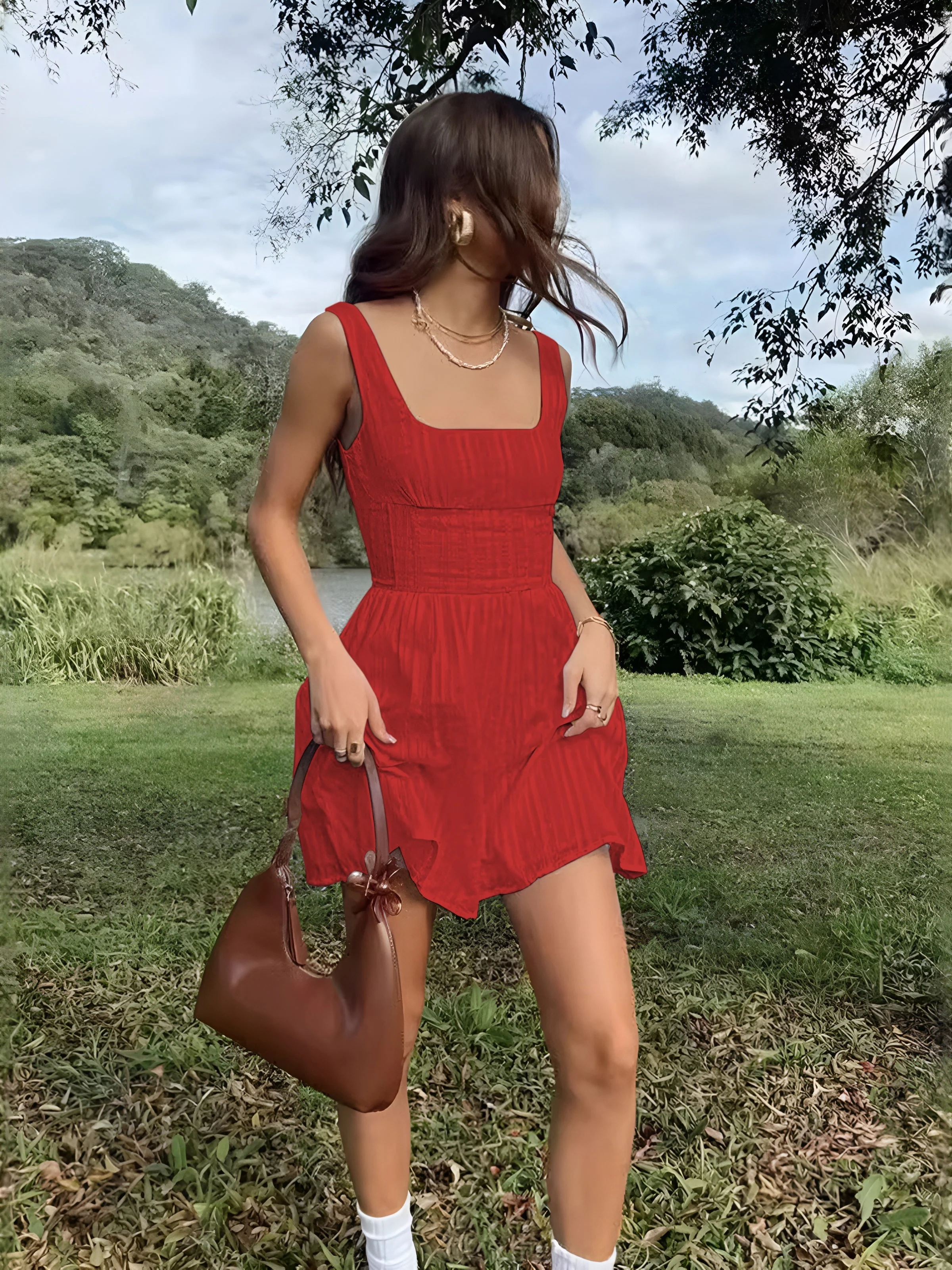 Cotton Blend Solid Square Neckline Short Dress - Image 12